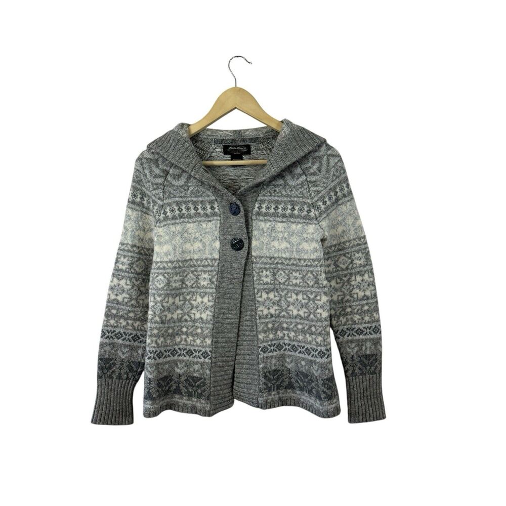Vintage Eddie Bauer X-Small Sweater Cardigan Lambs Wool Angora Hooded Womens